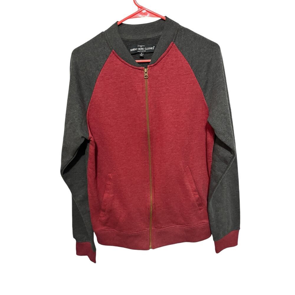 Sunday Work Clothes Varsity Jacket Sz S Red Gray Long Sleeves Zip Up Streetwear